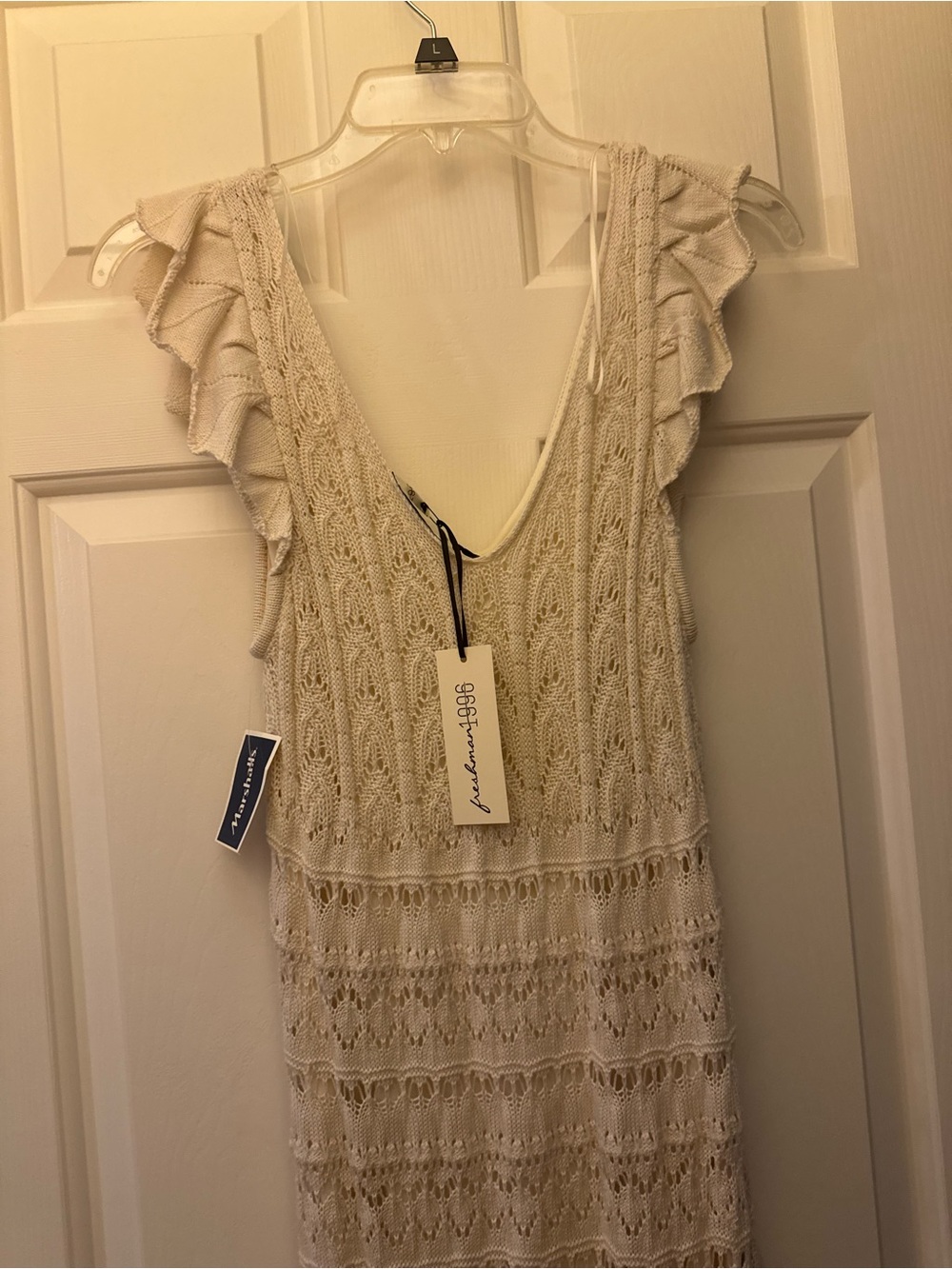 Freshman 1996 Cream Crochet Maxi Dress with Ruffle Sleeves